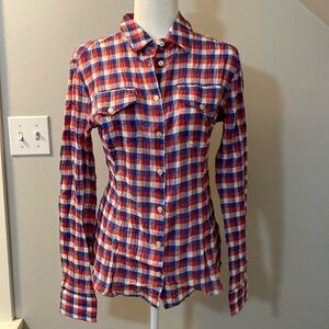 FIORUCCI Italian Red and Blue Plaid Button-Up Gauze stretch Shirt Sz 42 or 8